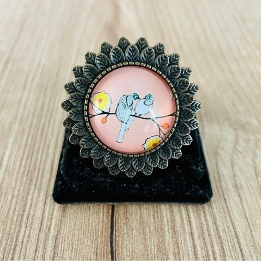 Retro Bird Print Victorian Style Adjustable Ring Handmade NWW